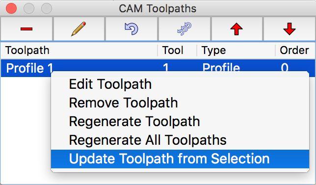 Regenerating Toolpaths If a polyline has changed, the tool paths can be easily regenerated using CAM > Regenerate All Toolpaths: Regenerating a Toolpath From Selection To add new entities to an