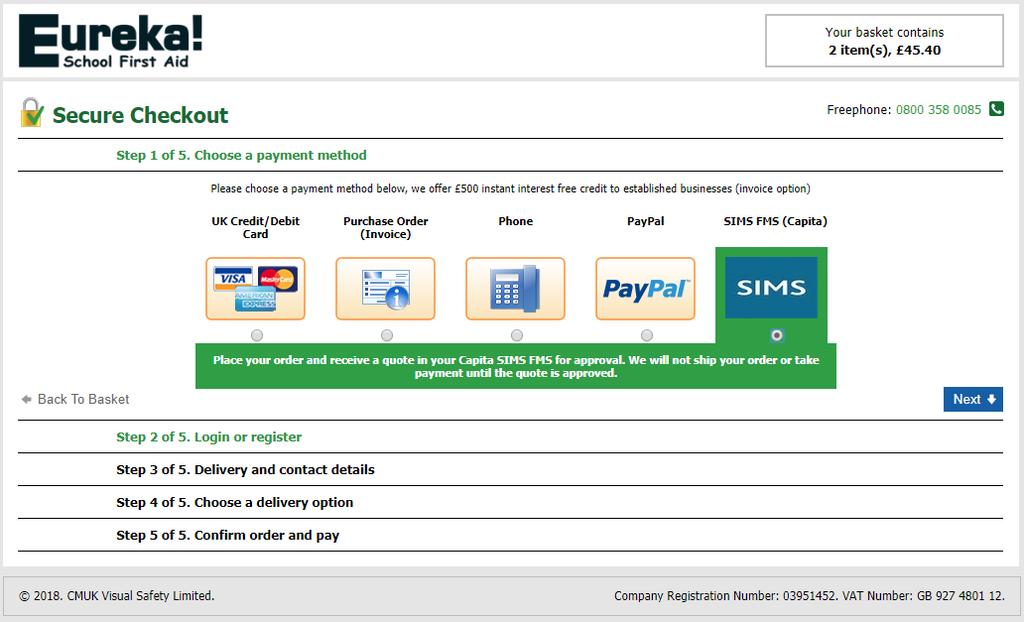 Checkout At Step 1 of the checkout, select the SIMS FMS (Capita) payment option and continue.