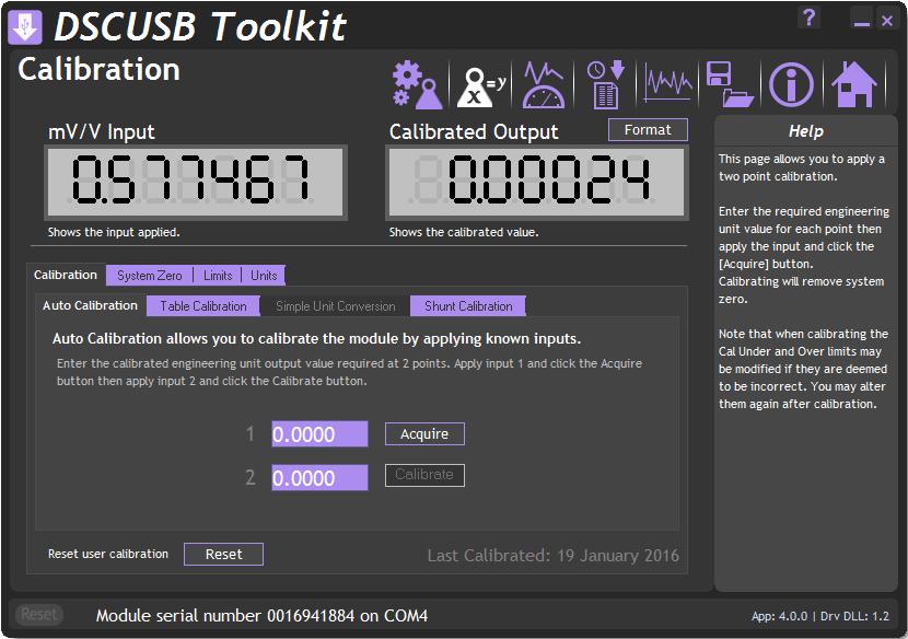 Calibration Page Click on the icon to open the Calibration page. This page allows you to calibrate the module using various methods, set limits, perform system zero and set units description.