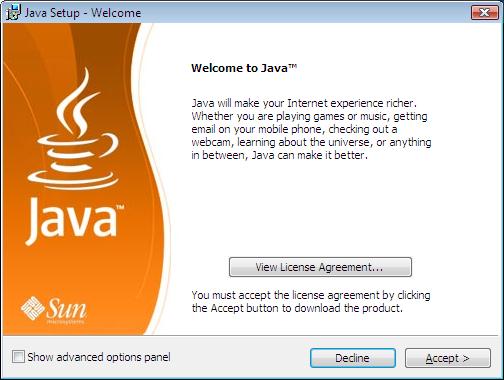 If your system does not have a recent version of Java, you may see a screen similar to below.