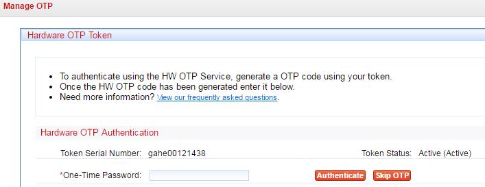 2. On the next page, click the button on your OTP token and enter the code in the prompt, Click Authenticate.