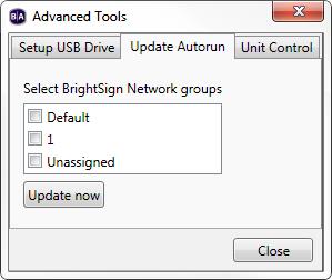 Complete the following steps to control units on your BrightSign Network: 1. Sign in to BrightSign Network by clicking Tools > Sign in to BrightSign Network. 2. Click Tools > Advanced. 3.
