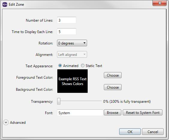 Foreground text color: Click Choose and select a color for text in Ticker or Clock zones.