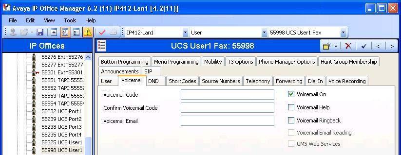 In the compliance testing, one fax user was configured in the Central site with extension 55998.