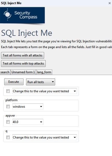 Slika 2. Izgled SQL Inject Me programa Ranjivost web-stranice ispituje se tako da se izvede napad ubacivanjem SQL koda iskorištavajući propuste u poljima za unos podataka.