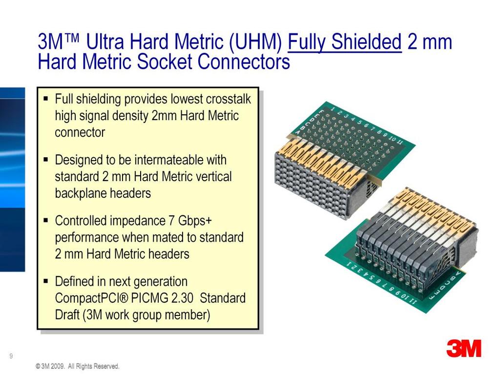 The Ultra Hard Metric (UHM) connector from 3M addresses these signal integrity limitations of unshielded 2mm HM connectors.