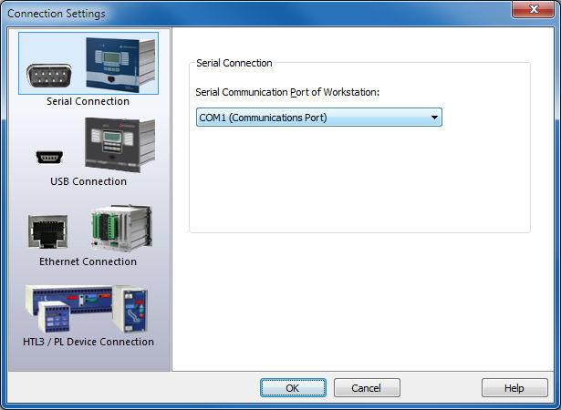 2 Quick Start Operating Software Smart view Select Serial Connection in the dialog. Then you can pick the particular COM port to which the protective device is connected from the selection list.