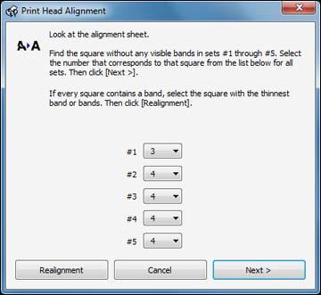 4. Select Print Head Alignment. 5. Click Next, then click Print to print an alignment sheet. Note: Do not cancel printing while you are printing a head alignment pattern.