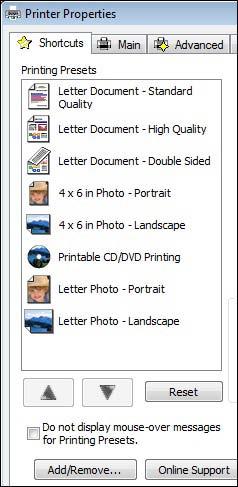 2. Place your cursor over a Printing Presets option to view its list of settings. 3.