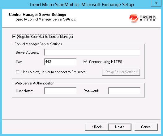 ScanMail for Microsoft Exchange 11.0 Installation and Upgrade Guide The Control Manager Server Settings screen appears. 16.