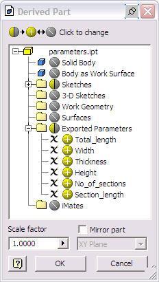 Create a new part file. Before you create any geometry, exit all sketches and click on the derive parts button. Select your Master file. You will see the Derived Part Dialogue Box. 2.