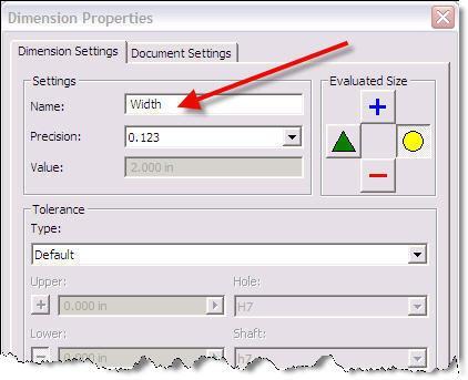 The Dimension Properties dialog is displayed. On the Dimension Settings tab, you can rename the parameter, and change the precision of the dimension.