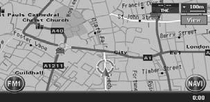 9) Displaying the map of the current car location When the [MAP] button is pressed, the map around the current location is displayed with the vehicle in the centre of it.