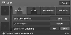 English Owner s manual User Settings When you touch the [User] key from the Setting menu, you can register User Profiles to personalise Favourite/Frequent/Recent Album list data.