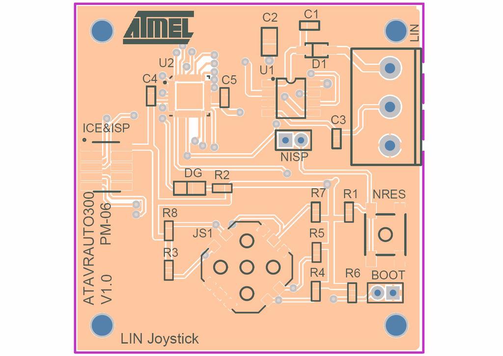 Section 2 Using the ATAVRAUTO300 2.1 Overview Figure 2-1. Board Overview ATmega88 LIN Transceiver Regulator LIN Connector ISP Connector Joystick Figure 2-2.