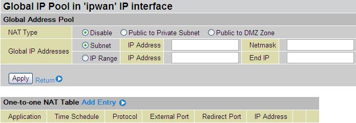 As set in default setting, it disables the One-to-One NAT function. Global IP Address: Subnet: The subnet of the public/wan IP address given by your ISP.
