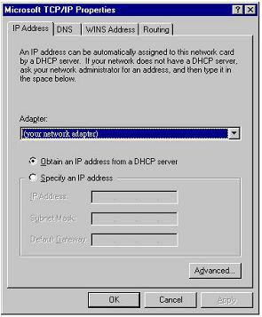 Configuring PC in Windows NT4.0 1. Go to Start / Settings / Control Panel. In the Control Panel, double-click Network and choose the Protocols tab. 2. Select TCP/IP Protocol and click Properties.