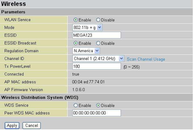 Wireless Parameters WLAN Service: Default setting is set to Enable. If you do not have any wireless, both 802.11g and 802.11b, device in your network, select Disable. Mode: The default setting is 802.