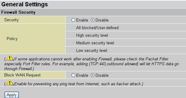 Here are the items within the Firewall section: General Settings, Packet Filter, Intrusion Detection, URL Filter, IM/P2P Blocking and Firewall Log.