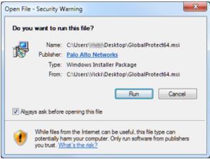 2. Locate the downloaded file. Install the GlobalProtect client by double-clicking on the file GlobalProtect.