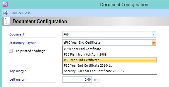 43. Once you have selected P60, select the P60 stationery required by clicking on the dropdown menu next to Stationery Layout.