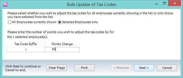 87. Enter the points by which you wish to increase the tax code (the standard is 50 for 2017/18) and print the report to ensure the tax codes are updating correctly.