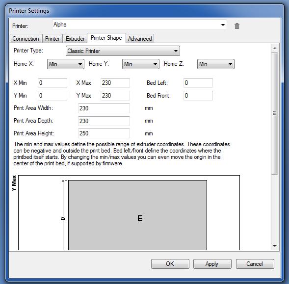 In the forth tab named Printer Shape, this tab sets some important information about the Kora Alpha print area sizes.