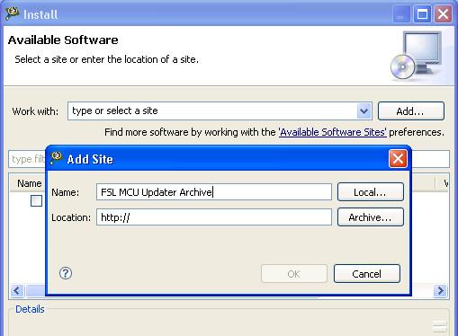 Close All Perspectives 3. Select Help > Install New Software from the CodeWarrior IDE menu bar. The Install dialog box appears. 4. Click Add. The Add Site dialog box appears. 5.