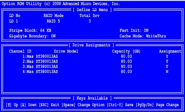 In the Define LD Menu section, press the spacebar to cycle through logical drive types, including RAID 0, RAID 1, RAID 5 and RAID 10. WARNING!