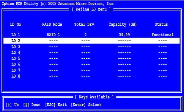 1. Enter the desired capacity (MB) for the first logical drive and press <Enter>. The Define LD Menu displays again. 2.
