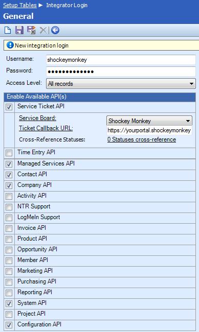 16. Create a new Integrator Login. Enter the desired username. Enter the desired password. Set Access Level: All records. Check Service Ticket API.
