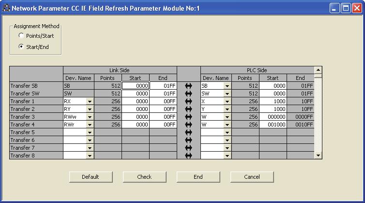 CHAPTER 10 PROGRAMMING 4. Open the Refresh Parameter window and set parameters as shown below. Project window [Parameter] [Network Parameter] 1 [Ethernet/CC IE/MELSECNET] button 10 5.