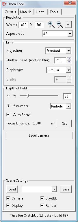 1.6 THEA TOOL WINDOW 1.6.1 CAMERA TAB Resolution The 'Width' and 'Height' settings control resolution of a rendered image.