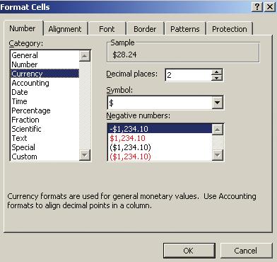Click on the type of number that you want. For now click on currency. Make sure that the area that says decimal places has 2 typed in it. Now click OK.