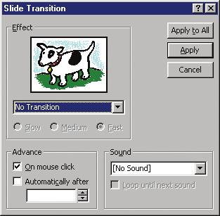 PC: Macintosh: From this box you can you choose a transition. The types of transitions can be found in the effect box. Take a minute to look at all the effects.
