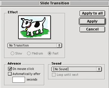 Below the Effect box is the Advance box. This allows you to decide if you want to advance the slide automatically or only with a mouse click.