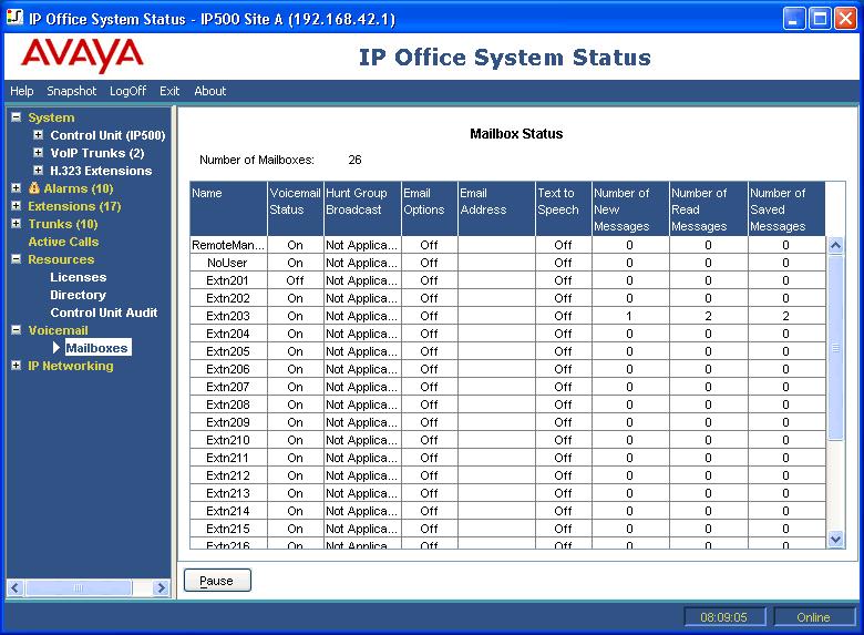 2.7.1 Mailboxes IP Office 4.2+. This screen displays details of the voicemail mailboxes on the voicemail server.