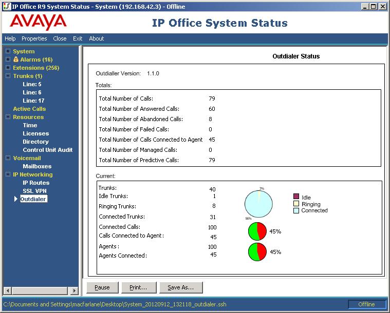 Screens: IP Networking 2.8.4 Outdialer This menu lists the current and historic status of the IP Office Outdialer application connected to the system. IP Office Release 8.7 and higher.