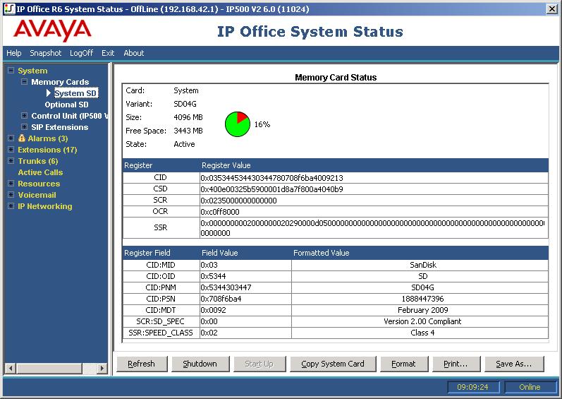 2.1.2 Memory Cards IP Office Release 6 and higher. You can select this screen on systems where the control unit is fitted with an additional memory card or cards.