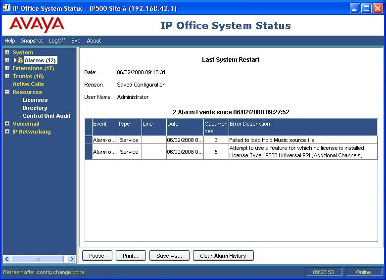 2.2.1.1 Alarm History System Status displays this screen when the Alarm History button is pressed. Buttons The following buttons can appear on this screen: Pause Stops the screen from updating.