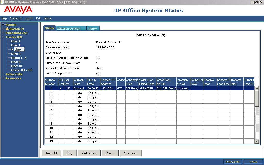 Screens: Trunks 2.4.4 Status (SIP Trunk) For System Status and IP Office 5.0, System Status displays the configured and free SIP Channel license count in the top of the SIP trunk screen.
