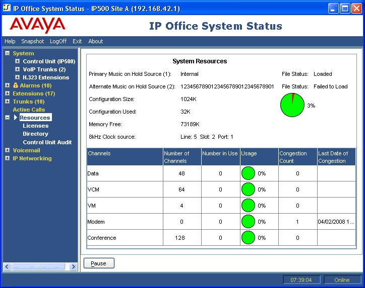 Screens: Active Calls 2.6 Resources The System Resources screen provides a summary of key resources and their current usage in the system.