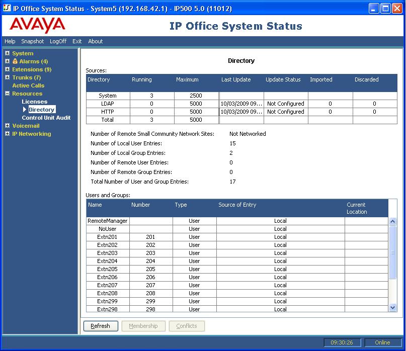 2.6.4 Directory This screen shows information about the directory entries held by the system including imported directory entries. Available for IP Office Release 5.0 and higher systems.
