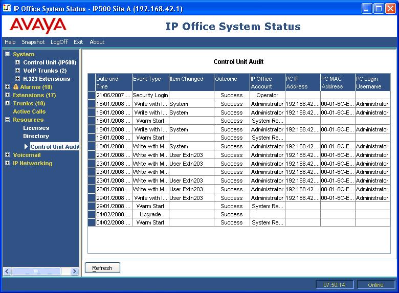 2.6.5 Control Unit Audit This screen displays who has accessed the system configuration and the type of actions they performed.
