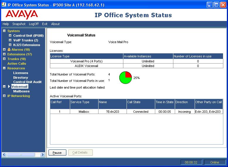 Screens: Resources 2.7 Voicemail IP Office 4.2+. This screen displays the status of the voicemail server configured for the system.