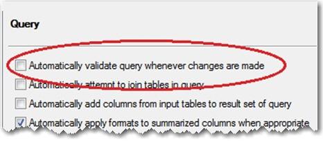 Select Tools Options Query to open the Query option pane. 2. In the pane, deselect the option Automatically validate query whenever changes are made.