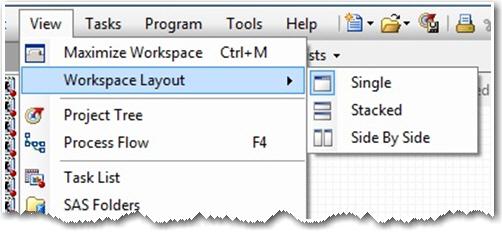 To customize your workspace, select View Workspace Layout. By default, the workspace layout is defined with the Single selection. You can then choose either Stacked or Side By Side.