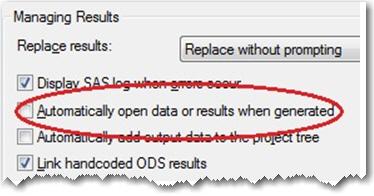 Disabling the Option to Automatically Open Generated Data or Results Generating output data or results that are very large can affect performance in SAS Enterprise Guide.