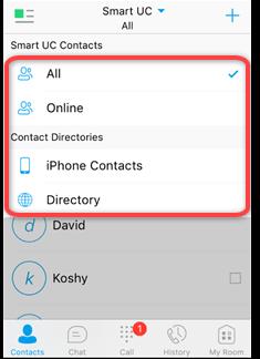 CONTACTS Tap to view contacts from a Favourites list, local or company directory. Multiple contact lists are available. To switch between contact lists tap All - All Communicator contacts.