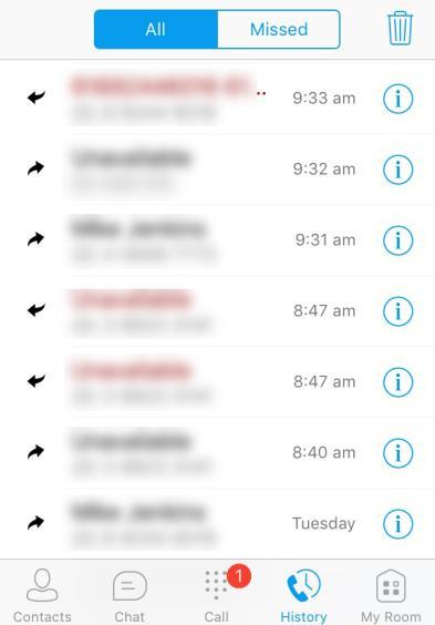 CALL HISTORY Tap to view a list of incoming, outgoing and missed calls. Smart UC saves a call history for placed, received, and missed calls.